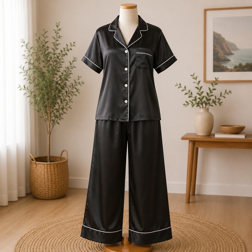 NWT Cupshe Pajama Set Large Black Satin Short Sleeve Top Long Pants Piping